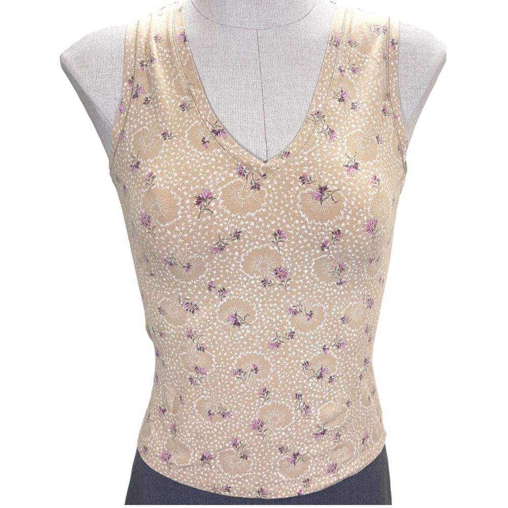 Vintage Gap Tan Floral Sleeveless Tank Top Form Fitting Women's Size Small